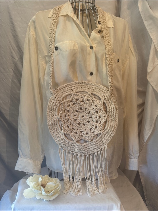 Handmade Handbags - Handcrafted Cream Crochet Round Fringe Crossbody Bag 10” Diameter.